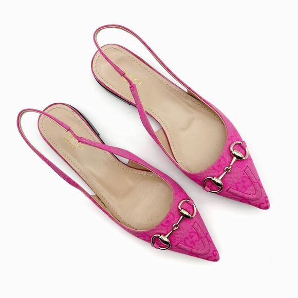 GUCCI Erin Horsebit Pointed Toe Slingback Flat Size 37 Pink GG Guccissima - Picture 4 of 13